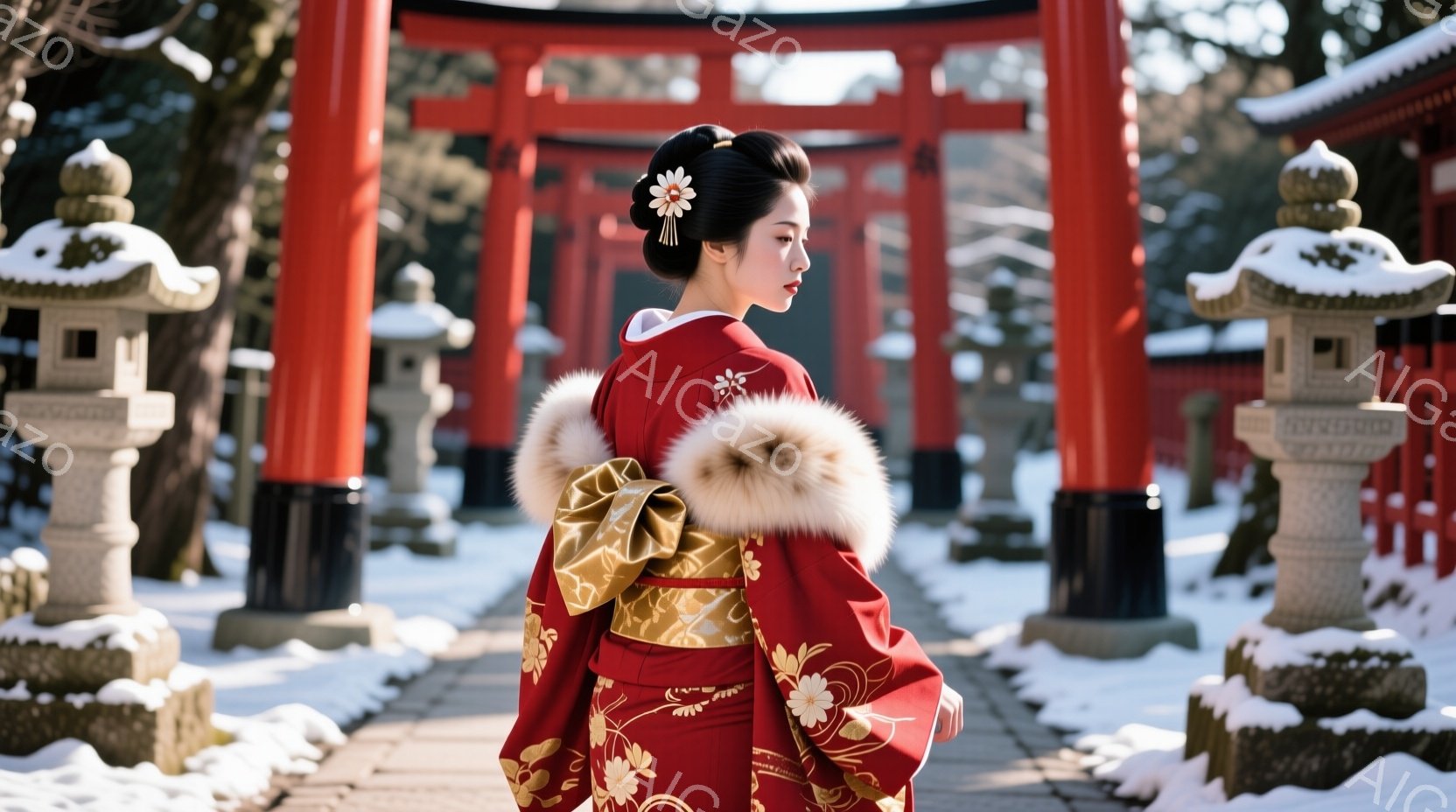 深紅色の豪華な着物を着た女性が、雪に覆われた参道を進んでいます。金色の刺繍と模様が施された着物には、白いファーの襟が付いており、髪は伝統的な日本髪にまとめられ、髪飾りをつけています。背景には朱色の鳥居が立ち並び、雪景色と相まって、厳かで美しい冬の雰囲気を醸し出しています。