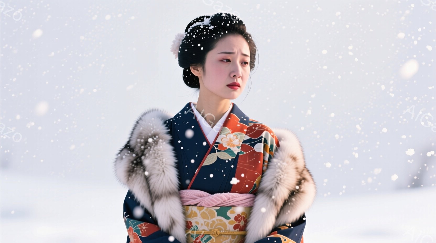 深い藍色の着物に、オレンジとピンクの華やかな花柄が描かれています。毛皮の襟が豪華さを添え、黒髪は精巧な髷に結い上げられています。雪が舞う中、凛とした表情で正面を見据え、厳寒の冬景色の中に佇んでいます。