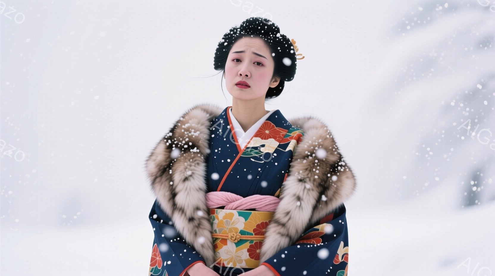 深い藍色の着物を着た女性が、雪が降る中で正面を向いています。着物には黄色と橙色の模様が描かれており、白いファーのショールが肩にかけられています。彼女は伝統的な髪型で、落ち着いた表情を浮かべています。