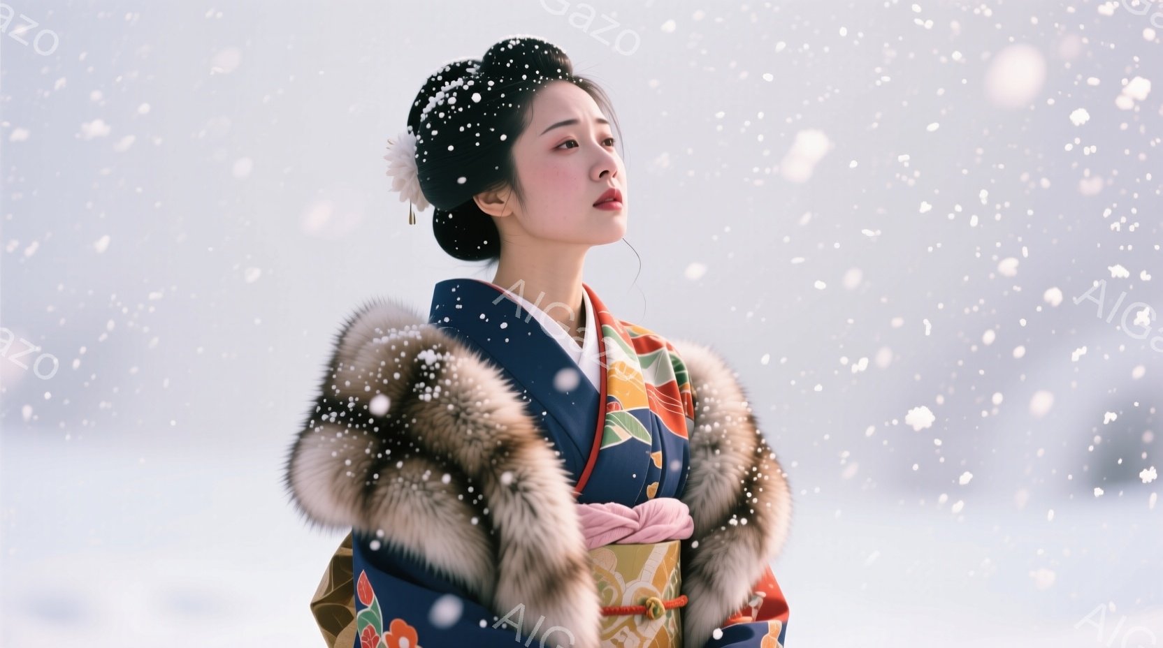 鮮やかな青色の着物と、豪華な毛皮の襟巻きを身につけた女性が描かれています。彼女は少し上を見上げ、静かで思慮深い表情を浮かべています。背景には雪が舞い、白銀の世界が広がり、凛とした冬の雰囲気を醸し出しています。