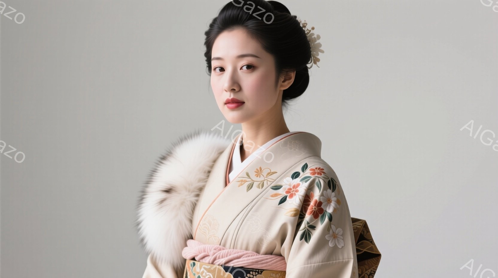 クリーム色の地に、赤や黄色の花模様が描かれた着物を女性が着ています。髪は高く結い上げられ、櫛と花飾りで華やかに飾られています。彼女は穏やかな微笑みを浮かべ、自信に満ちた表情で正面を見つめています。 - AI生成フリー素材