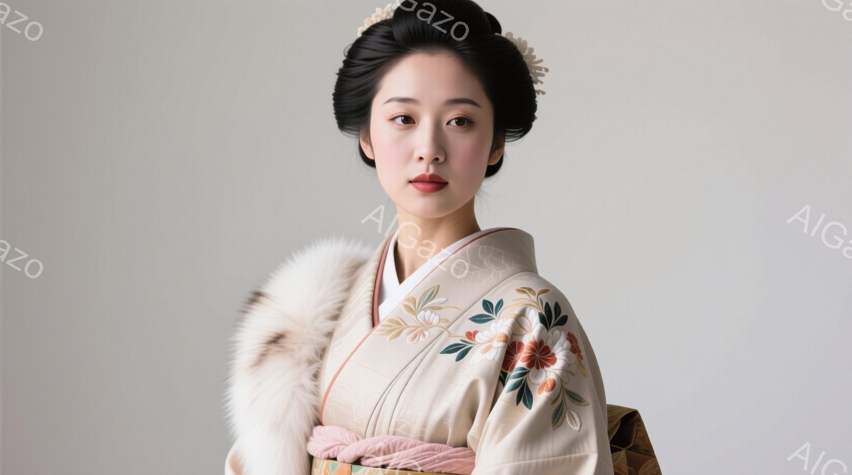 白い背景を背景に、着物を着た女性が写っている。髪は高く結い上げられ、かんざしが飾られ、着物には鮮やかな花の模様が描かれている。彼女は正面を少し見下ろし、落ち着いた表情で、優雅で古典的な雰囲気を醸し出している。