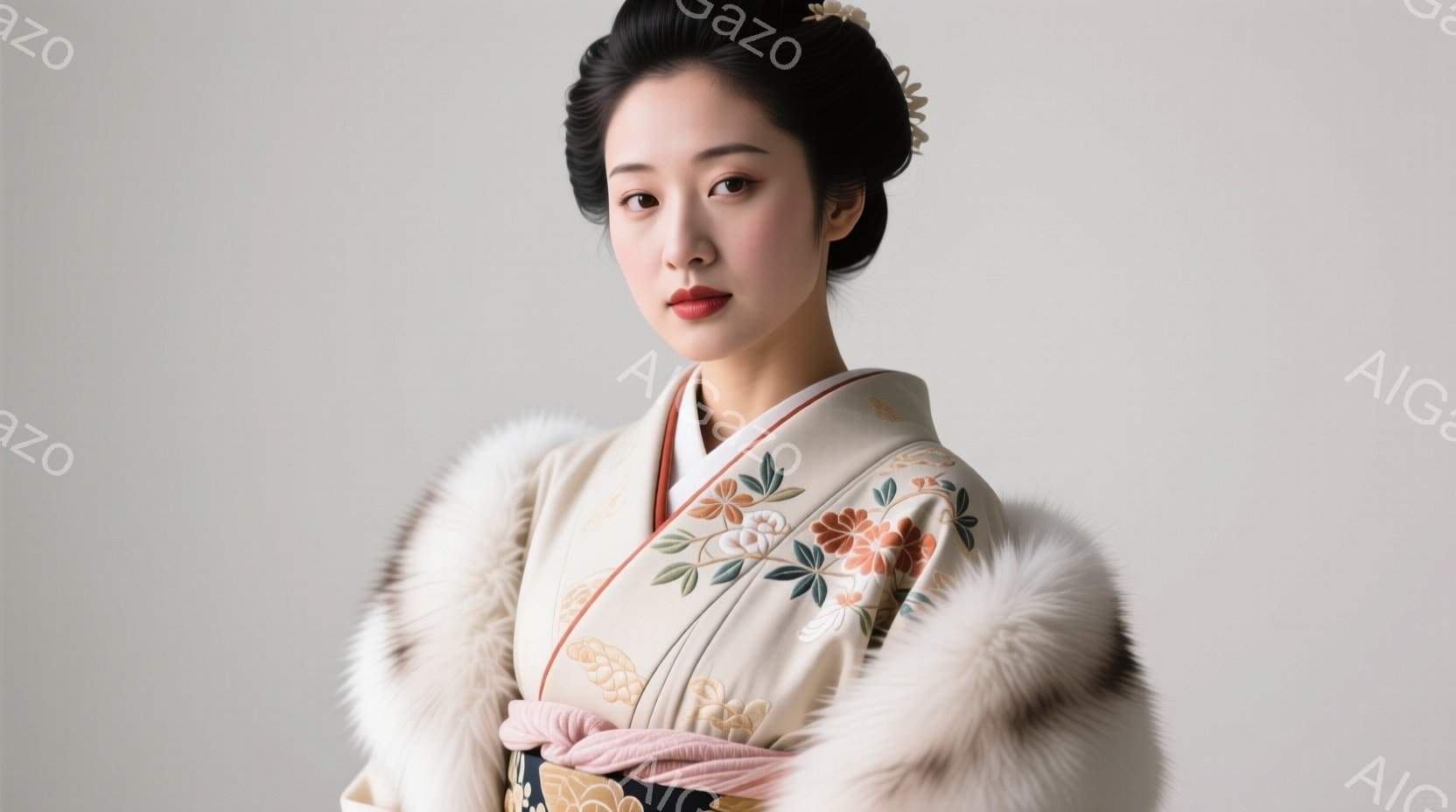 鮮やかなクリーム色の着物姿の女性が写っている。着物には、落ち着いた色合いの花柄が描かれており、襟元には白い毛皮のショールが羽織られている。彼女は微笑みを浮かべ、前髪を少しだけ出した上品な髪型で、落ち着いた雰囲気を感じさせる。