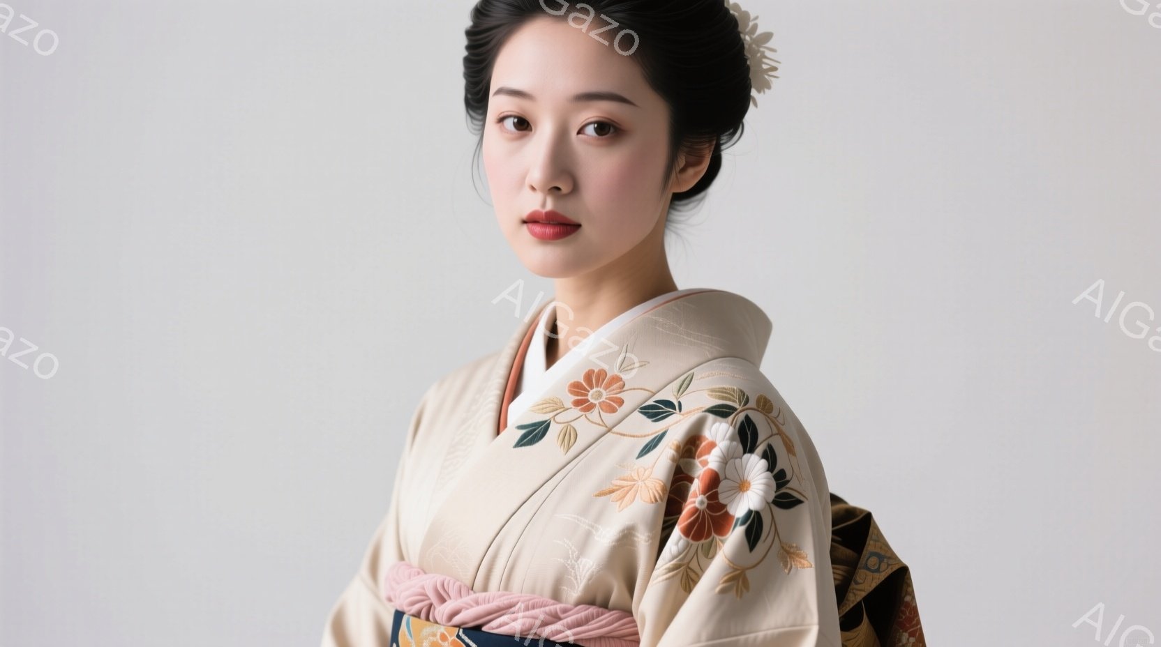 着物姿の女性が描かれています。オフホワイトの着物には、オレンジと茶色の花柄が施され、肩の部分には大胆なデザインが広がっています。彼女は髪を上品にまとめ、控えめな微笑みを浮かべ、落ち着いた雰囲気を醸し出 - AI生成フリー素材