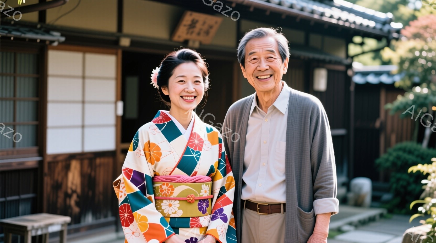 着物姿の若い女性と、ジャケットを着た年配の男性が笑顔で寄り添って立っています。女性は鮮やかなオレンジ、緑、ピンク色の花柄の着物を着ており、髪は後ろでまとめ、上品なヘアアクセサリーをつけています。背景に - AI生成フリー素材