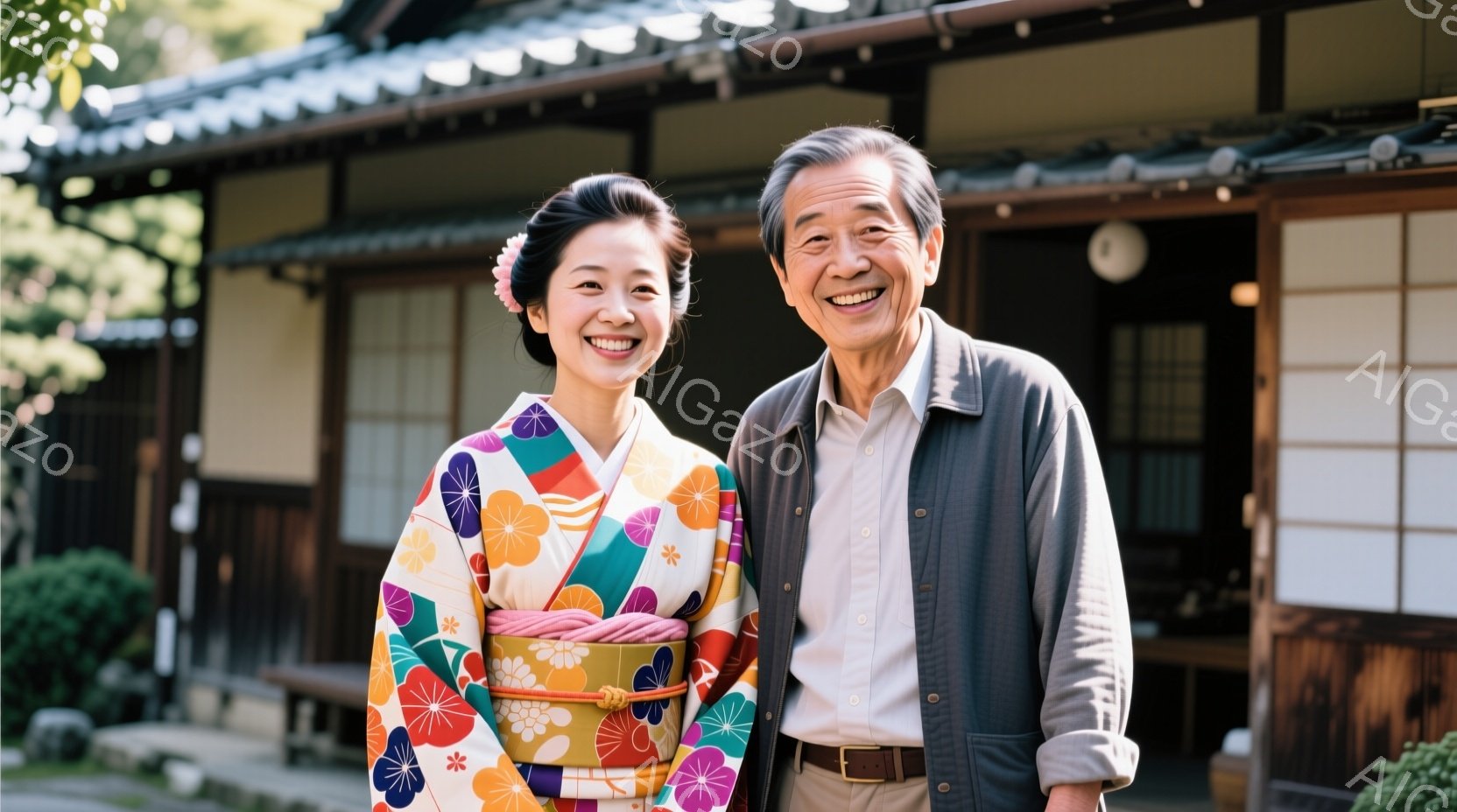 女性は鮮やかな色の花柄の着物を着ており、髪を後ろでまとめ、和風の髪飾りをつけています。男性は薄茶色のシャツに濃紺のジャケットを羽織り、穏やかな笑顔を浮かべています。二人は庭の前に立ち、背景には伝統的な - AI生成フリー素材