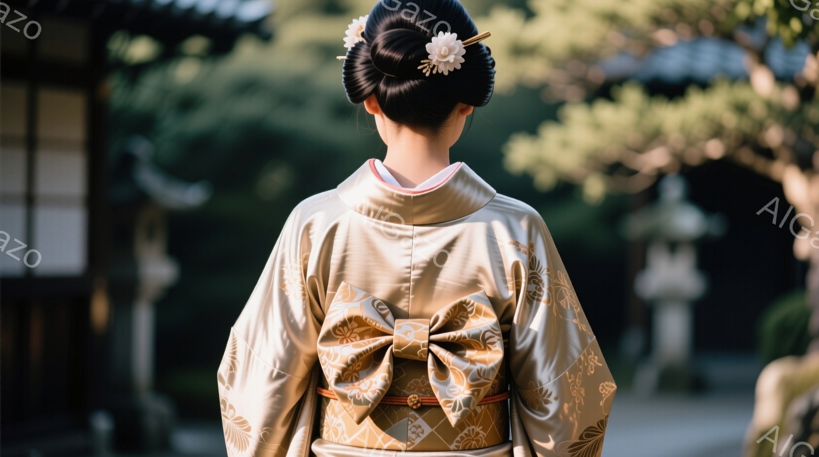 浅黄色の着物を着た女性の後ろ姿が写っている。髪は高くまとめられ、櫛と花飾りをつけている。背景には緑豊かな庭園と伝統的な日本建築の一部が見え、穏やかで上品な雰囲気が漂っている。