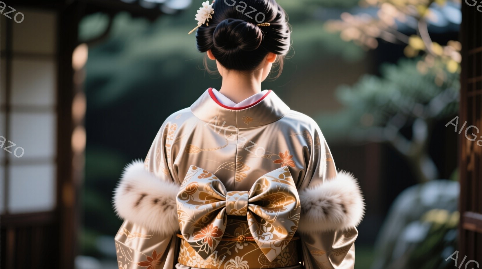 浅黄色の着物を着た女性が、背中を見せて立っている。着物には、金色の牡丹柄が描かれており、帯は大きなリボン結びになっている。背景には、緑豊かな庭園と、ぼやけた木造建築の一部が見え、落ち着いた雰囲気を醸し出している。