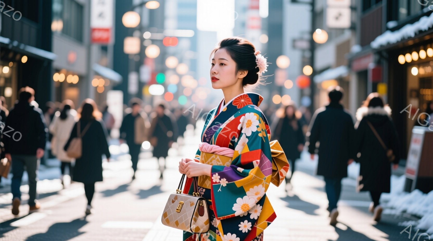 鮮やかな色の花柄の着物を着た若い女性が、石畳の道を進んでいます。彼女は肩に薄いピンク色のショールをかけ、手にハンドバッグを持っています。背景には、商店や人々で賑わう都会の通りが広がり、冬の日差しが降り注いでいます。