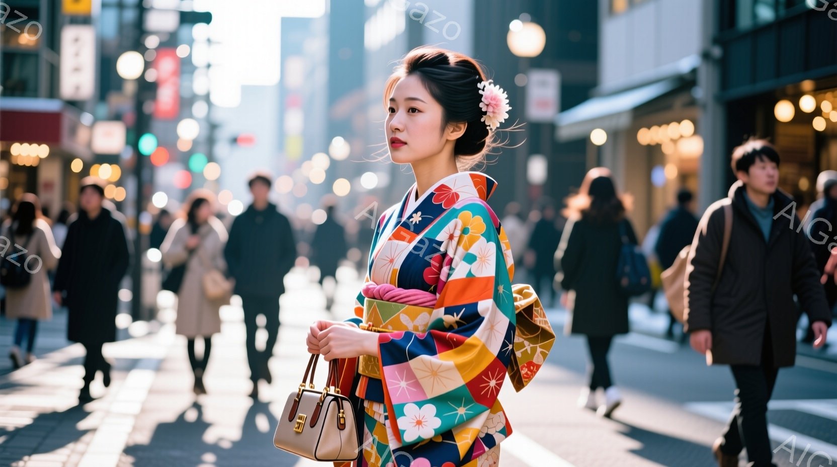 色鮮やかな着物を身につけた若い女性が、賑やかな街路を歩いている。彼女は黒髪をまとめ、髪飾りをつけており、少し横を向いて微笑んでいるように見える。背景には高層ビルが立ち並び、多くの人々が歩いていることから、活気のある都会の風景が広がっている。