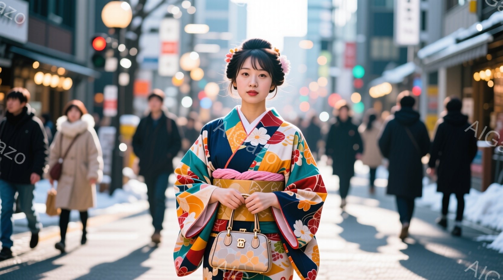 色鮮やかな着物を身につけた女性が、石畳の道で正面を見据えています。彼女は明るい笑顔を浮かべ、髪を後ろでまとめ、華やかな髪飾りをつけています。背景には商店街が広がり、多くの人々が歩いており、晴天の下、活気のある雰囲気です。