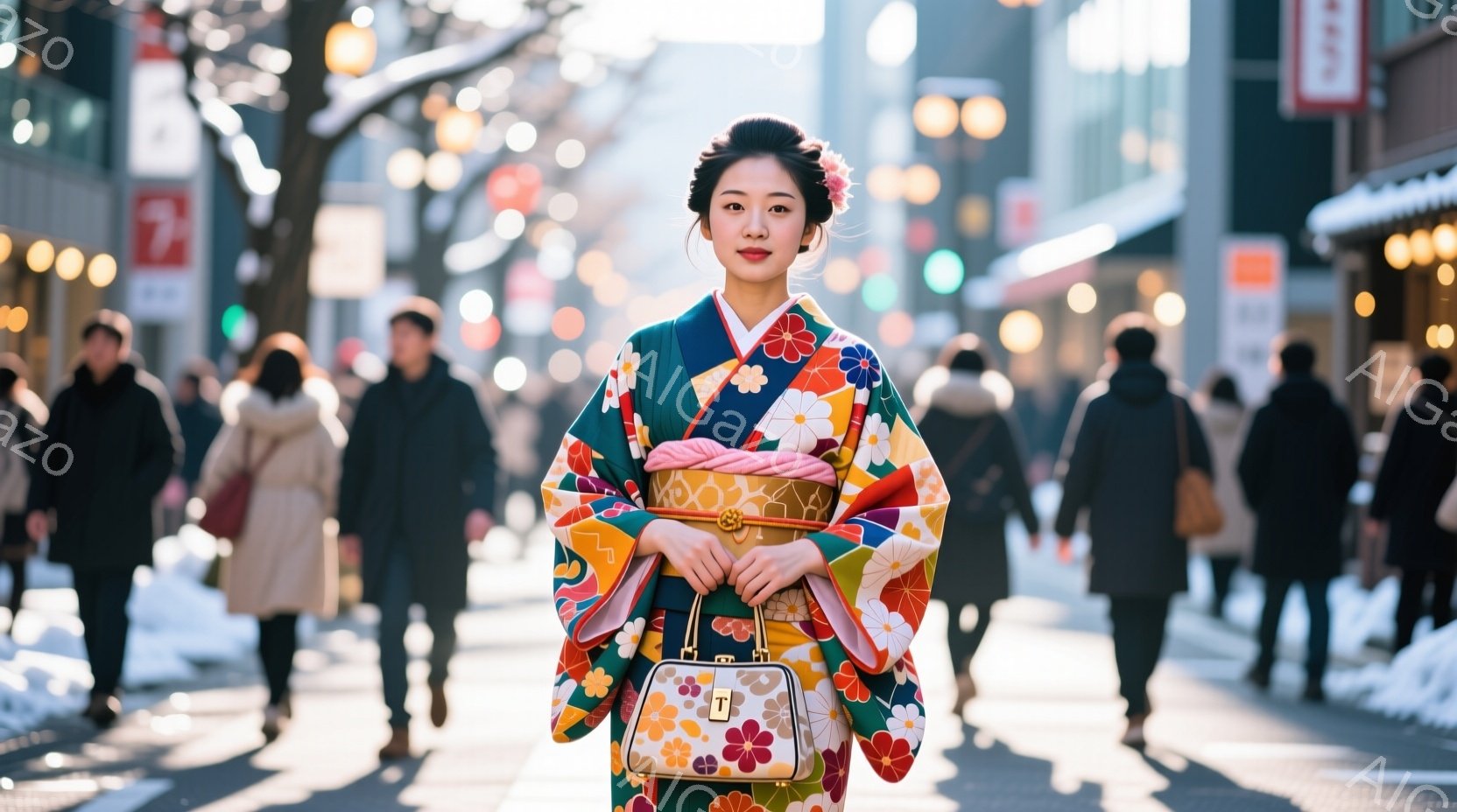 着物姿の若い女性が、街の真ん中で微笑んでいます。鮮やかな緑、ピンク、黄色の花柄の着物を身につけ、ピンク色の帯と白いハンドバッグがアクセントになっています。背景には、ぼやけた人々と建物が写り、冬の晴れた - AI生成フリー素材