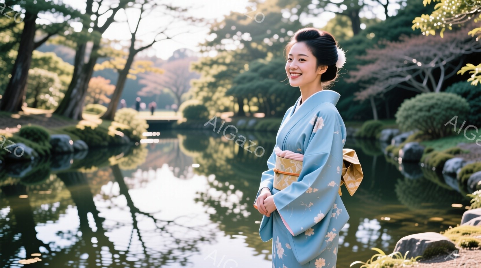 若い女性が水色の着物を着て、穏やかな笑顔で立っています。着物には白い花柄が描かれており、金色の帯が上品さを添えています。背景には緑豊かな庭園と池があり、水面に木々が映り込み、静かで美しい雰囲気を醸し出しています。