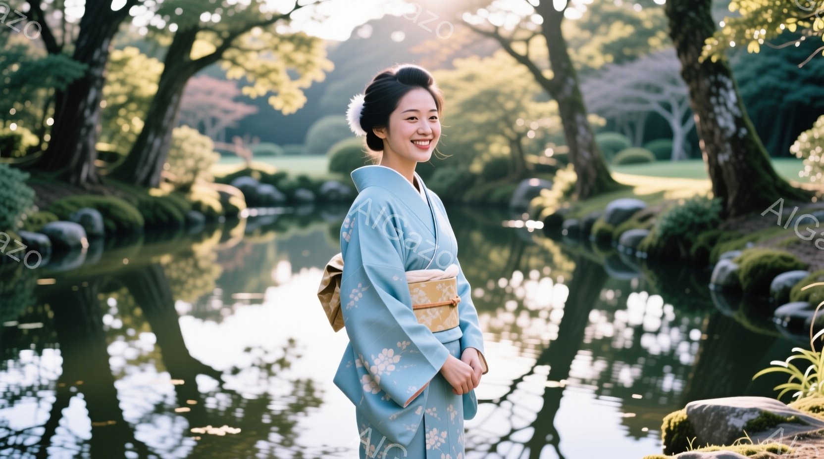 浅緑色の花柄の着物を着た女性が、穏やかな表情で正面を見ている。髪は後ろでまとめられ、かんざしが飾られている。背景には緑豊かな庭園が広がり、池の水面に木々が映り込み、柔らかな光が差し込んでいる。 - AI生成フリー素材
