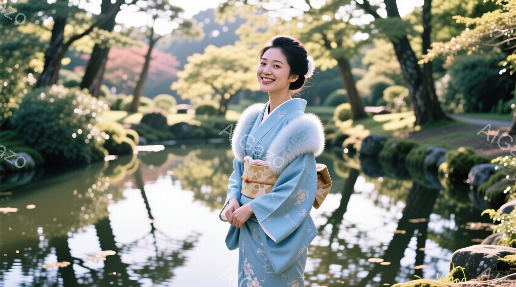 浅い水色の着物を着た女性が、白いショールを羽織って立っています。髪は後ろでまとめられ、微笑みを浮かべています。背景には緑豊かな木々や池があり、水面に光が反射して美しい風景を作り出しています。