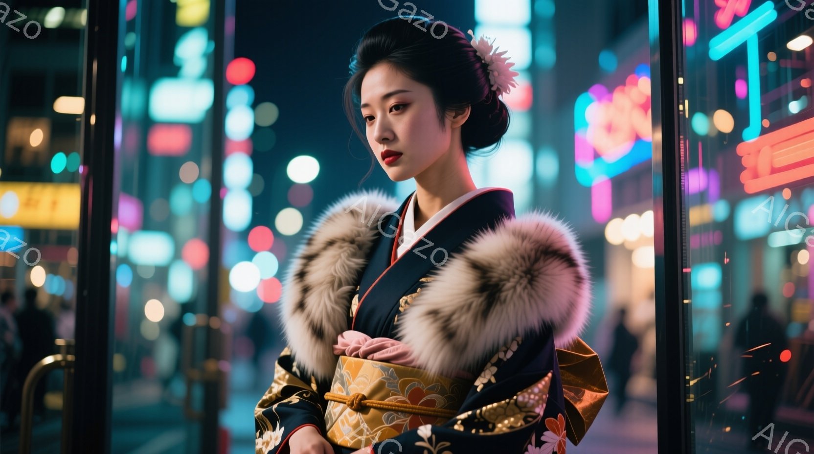 深い藍色の着物の上に、華やかな金色の模様が描かれています。女性は黒髪を高く結い上げ、かんざしをあしらい、落ち着いた表情で遠くを見つめています。背景にはネオンが輝く夜の街並みがぼやけ、都会的でどこか憂い - AI生成フリー素材