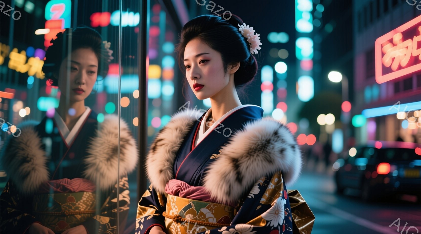 深い藍色の着物に、金色の華やかな帯を締めた女性が写っている。髪は髷に結い上げ、髪飾りをあしらい、少し憂いを帯びた表情で正面を見つめている。背景は夜の街並みで、ネオンサインや車のライトがぼやけて光り、都 - AI生成フリー素材