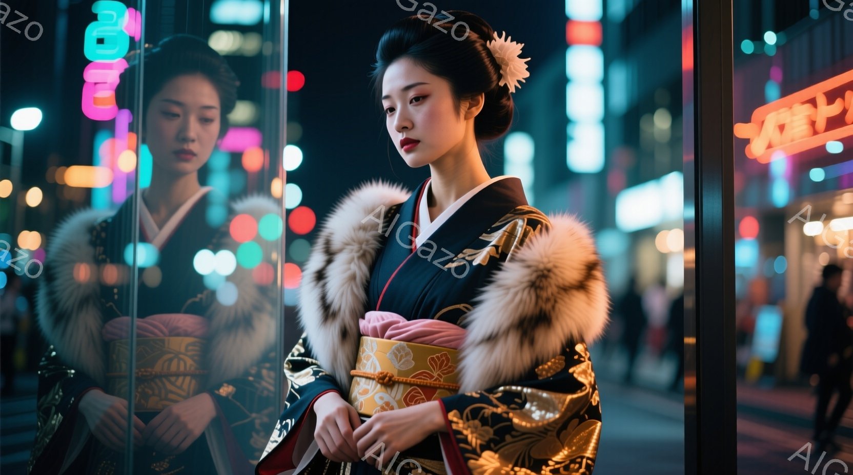 黒い着物に金色の帯と鮮やかなピンクの重ね襟を着用した女性が写っている。彼女は毛皮のショールを羽織り、髪型は伝統的な日本髪で、顔立ちは凛々しく、どこか憂いを帯びている。背景は夜の賑やかな街並みで、ネオンサインが光り、都市の喧騒を感じさせる。