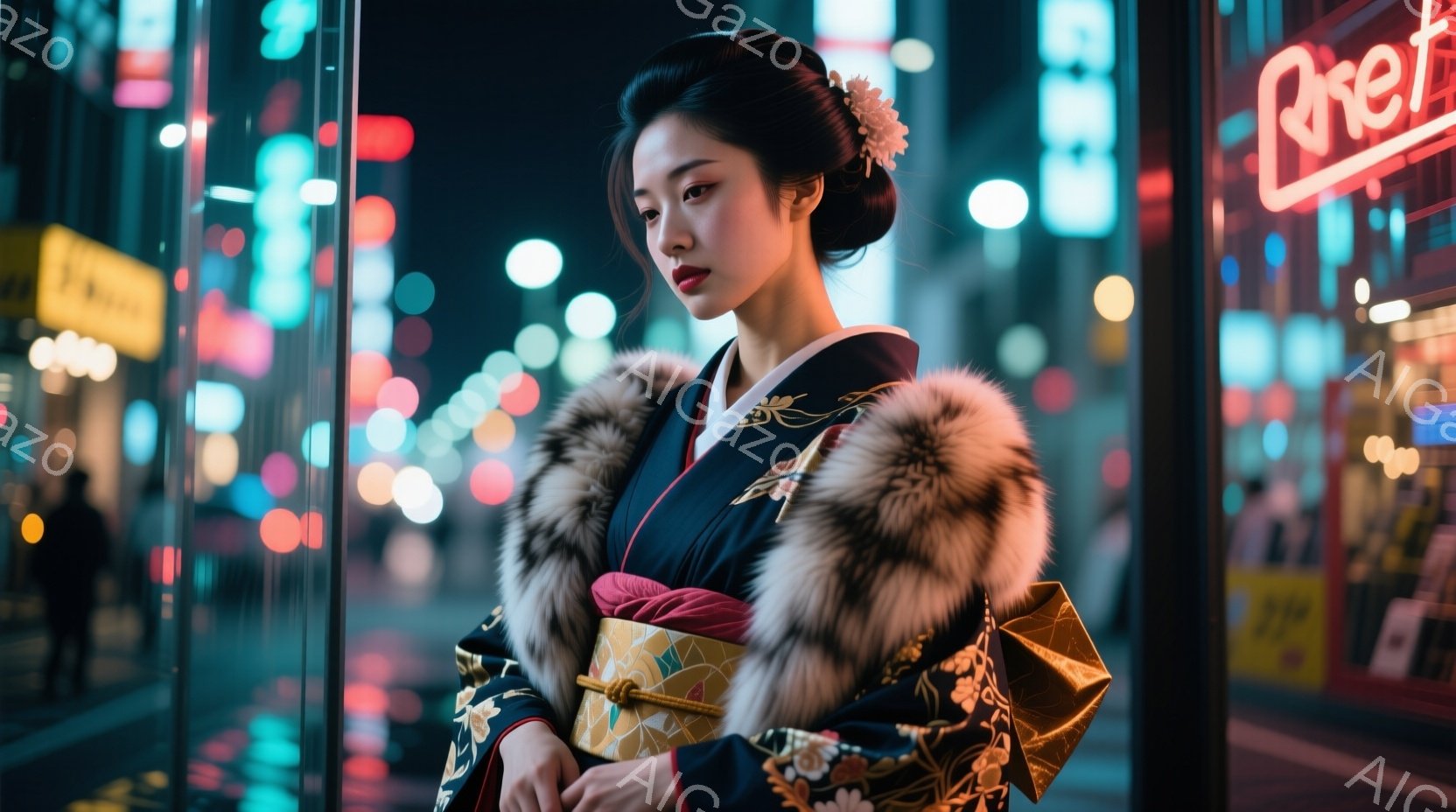 深い青色の着物に、毛皮のような白い肩当てを羽織った女性が描かれています。髪は後ろでまとめられ、飾りかんざしが挿されています。背景には、夜の街のネオンサインや光がぼやけており、雨上がりの濡れた路面が反射 - AI生成フリー素材