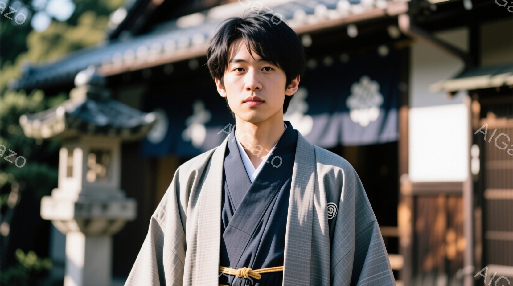 若い男性が、濃い青色の着物の上に、薄灰色の羽織を羽織って立っている。彼は黒髪で、少し無表情な顔をしており、落ち着いた印象を与える。背景には伝統的な様式の建物が見え、和やかな雰囲気の中で、日本の伝統文化 - AI生成フリー素材