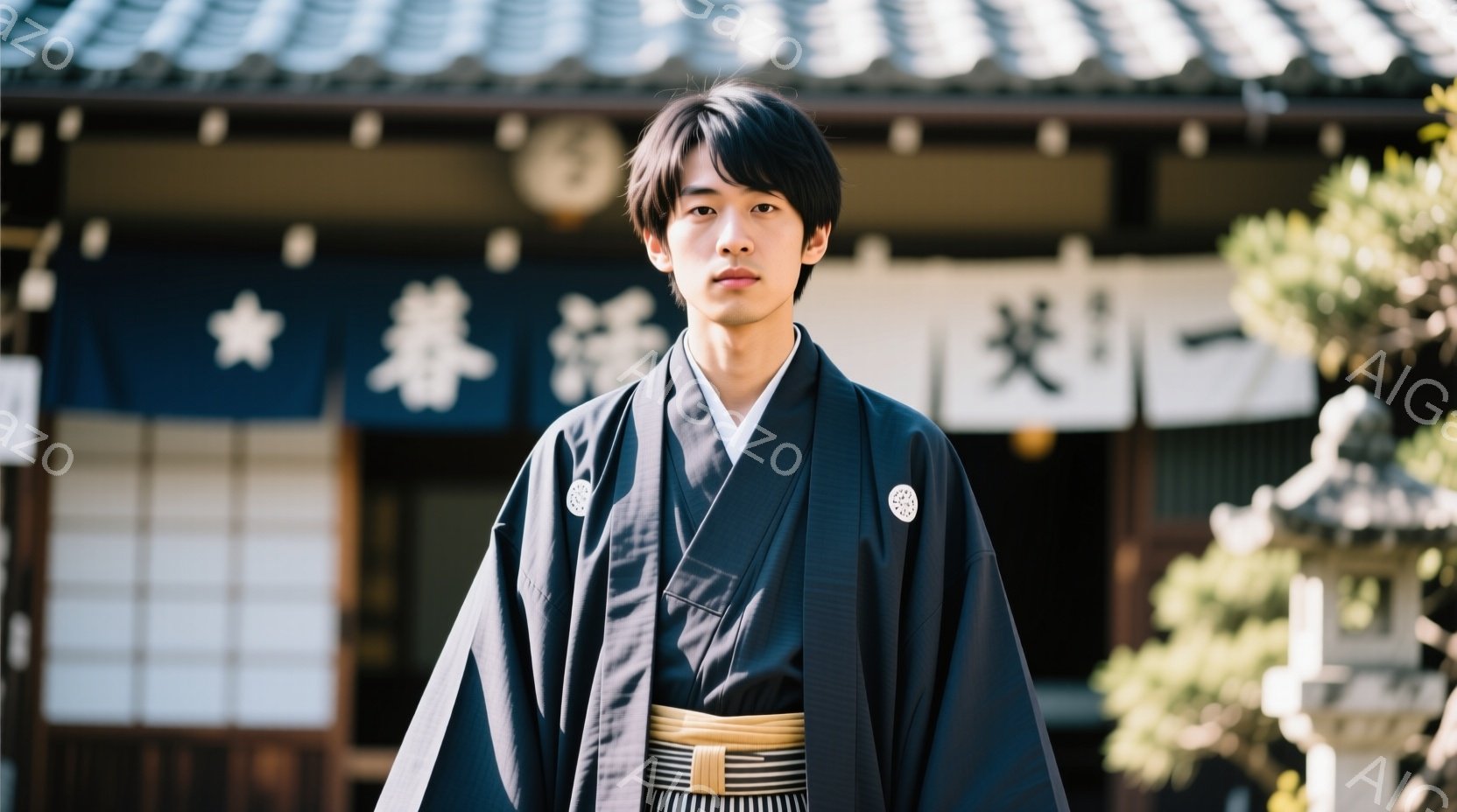 若い男性が紺色の着物と白地の帯を身につけて正面を見つめている。彼は黒髪の短い髪型で、表情は穏やかで少し緊張しているように見える。背景には伝統的な木造建築と緑豊かな植物が見え、晴天の下、静かで落ち着いた雰囲気が漂っている。