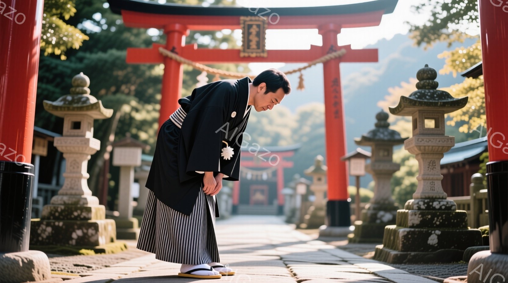 黒い着物と縞模様の袴を身に着けた男性が、神社の鳥居の前で深々と頭を下げています。彼は髪を短く整え、祈るように目を閉じています。背景には、石灯籠が並び、赤い鳥居が印象的な神社の一角が広がっており、穏やかな日差しが降り注いでいます。