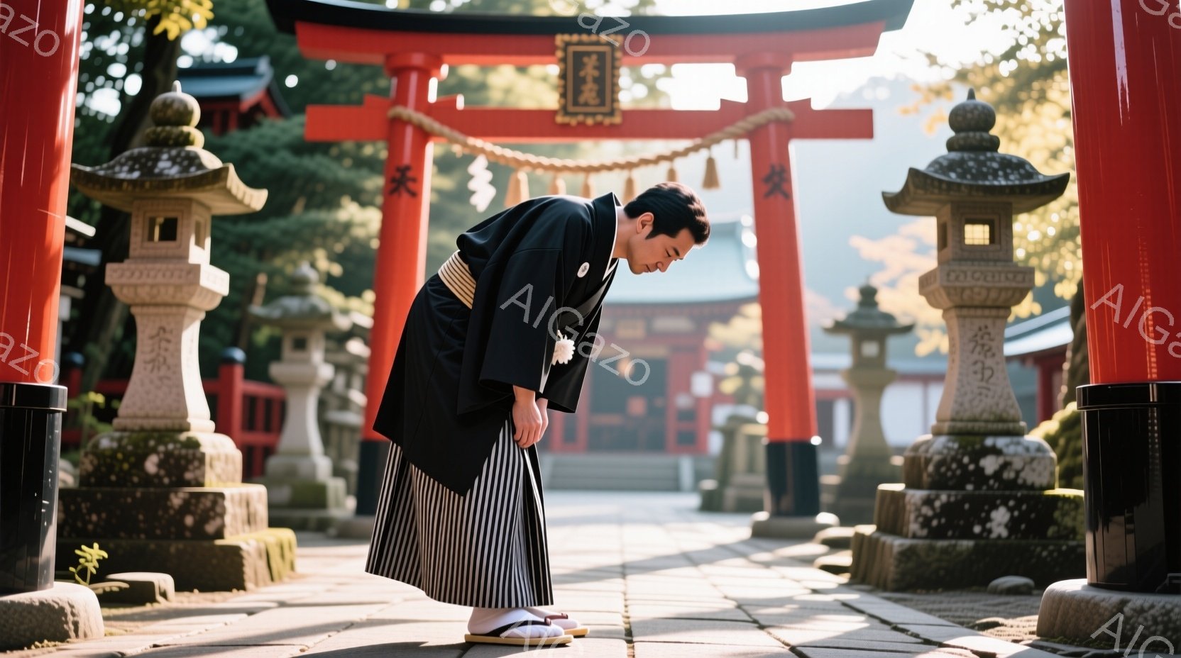 鮮やかな朱色の鳥居が並ぶ参道で、男性が深いお辞儀をしています。黒い羽織袴と白足袋、草履を身につけ、髪は後ろで束ねています。背景には石灯籠が立ち並び、穏やかな日差しの中で厳かで静謐な雰囲気が漂っています。