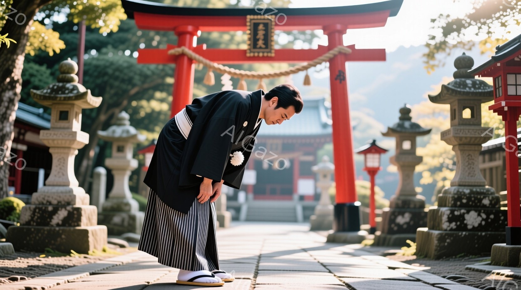 黒い着物と白の縞模様の袴を身につけた男性が、神社の参道で深くお辞儀をしています。髪は短く、前髪を少し下ろしたスタイルで、真剣な表情で神に祈りを捧げているようです。背景には赤い鳥居、石灯籠、そして木々が - AI生成フリー素材