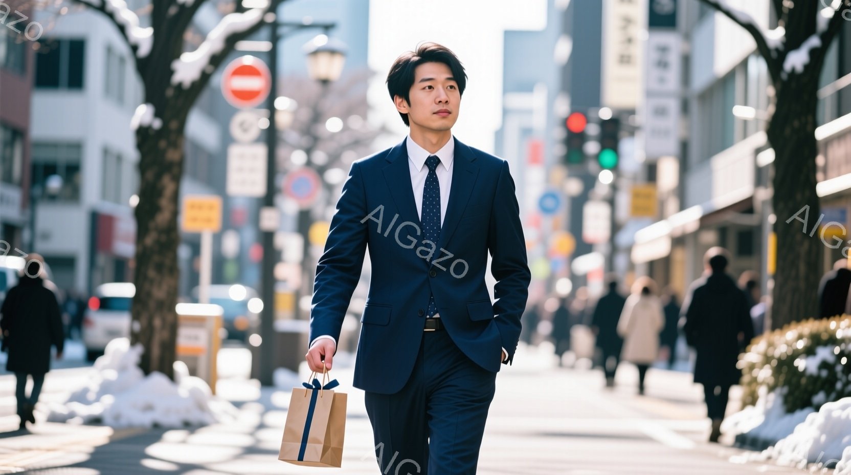 ダークブルーのスーツにネクタイを締め、髪を短く整えた男性が、茶色のショッピングバッグを持って歩道を歩いている。表情はやや真剣で、前方をじっと見つめている。背景には建物や木々が見え、道端には雪が積もり、晴れた日の街並みが広がっている。