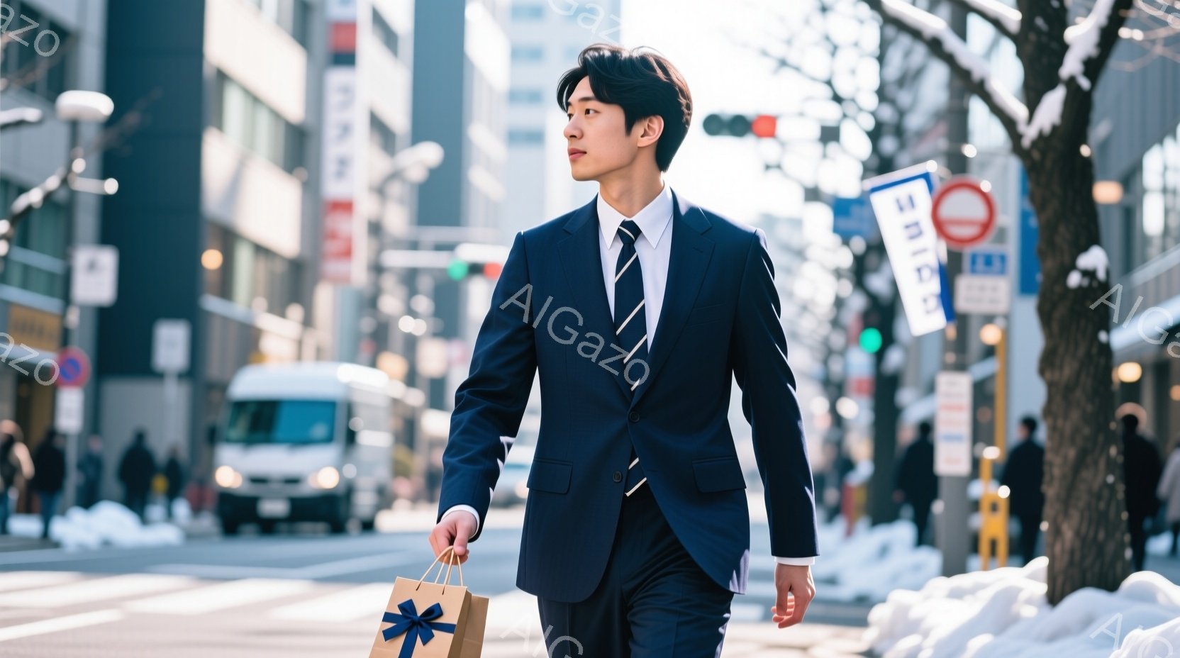 黒いスーツにネクタイを締め、髪を後ろにとかした若い男性が、街路を歩いている。彼は右手でギフトバッグを持っており、少し上を見ている表情は自信に満ちている。背景には、近代的な建物、白いバン、そして冬の寒さを感じさせる木々が見え、全体的に洗練された都会的な雰囲気が漂っている。