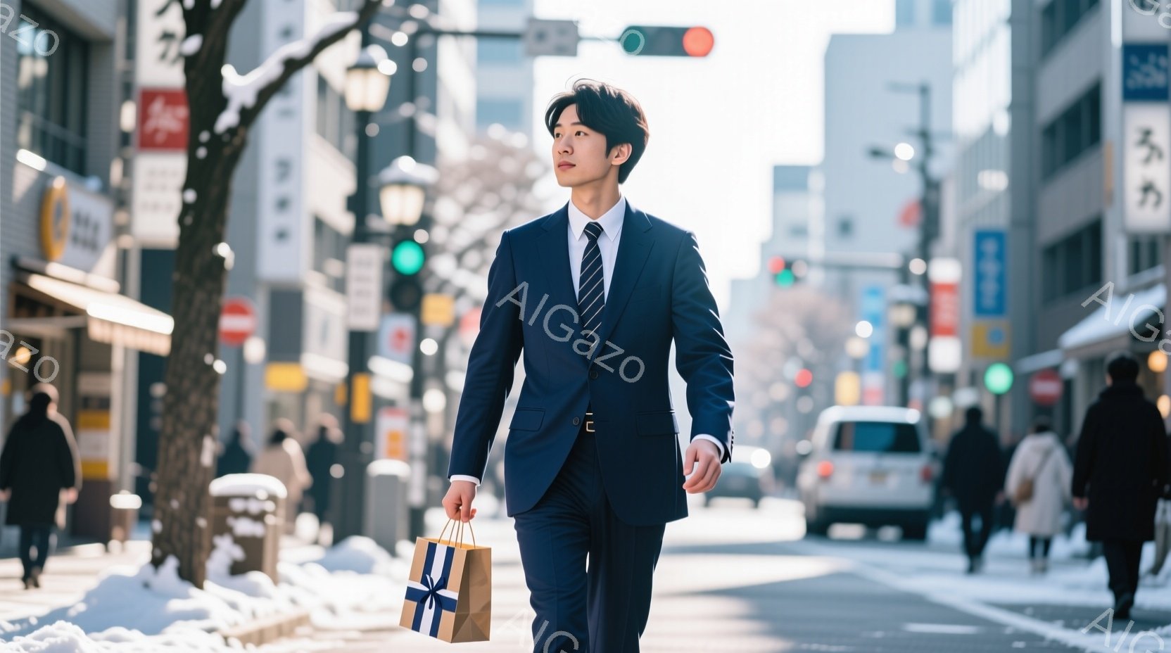 紺色のスーツにネクタイを締めた若い男性が、歩道を歩いている。彼は少し微笑んでおり、片手に茶色のショッピングバッグを持っている。背景には、雪が積もった歩道、商店、そして交通信号機が見え、冬の都市の穏やかな雰囲気を伝えている。
