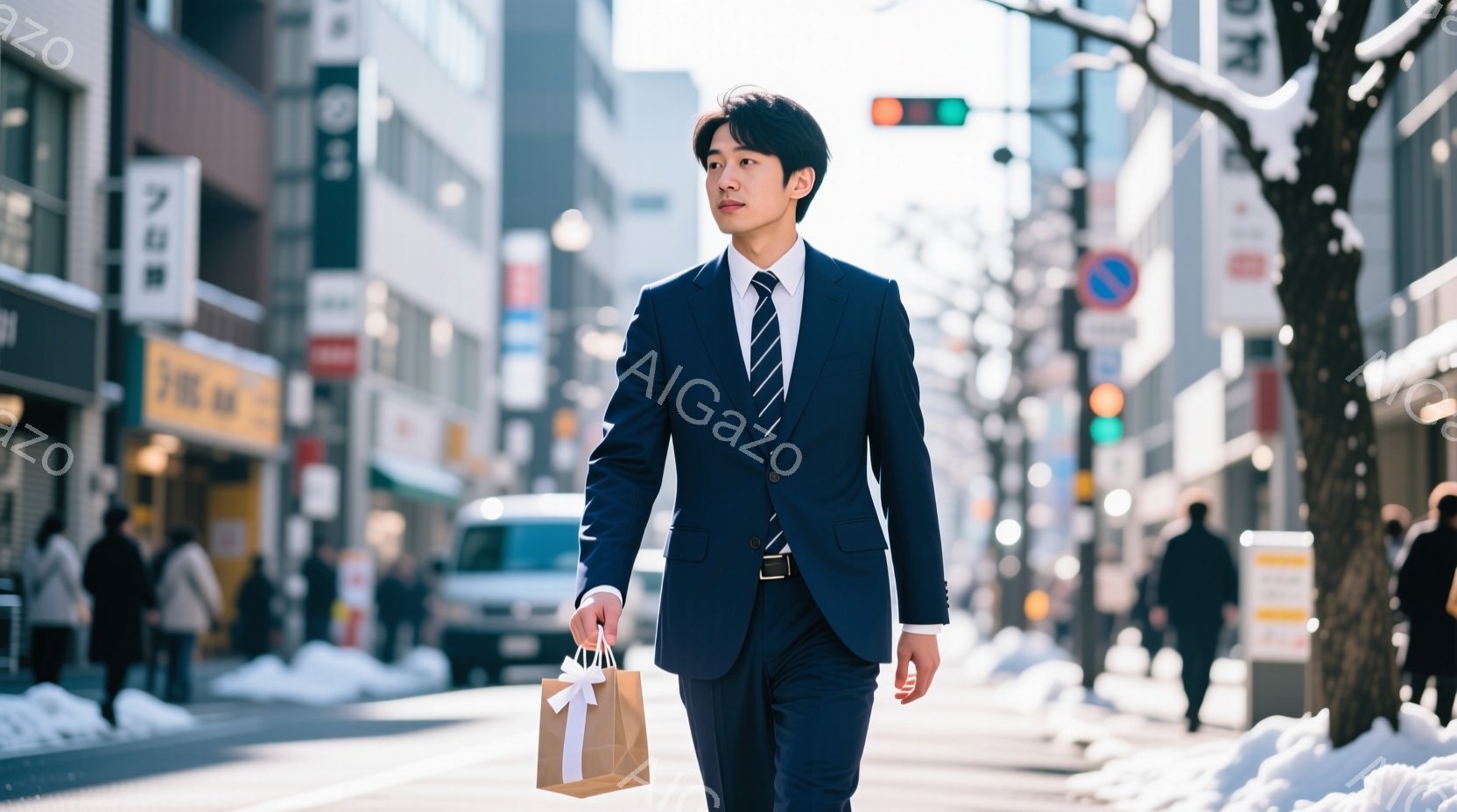 紺色のスーツにネクタイを締めた男性が、茶色の紙袋を手に歩いている。彼の髪型は短く整えられており、表情はやや真剣で前方を向いている。背景には、建物や車両が見え、雪が積もっていることから冬の日の街並みがうかがえる。