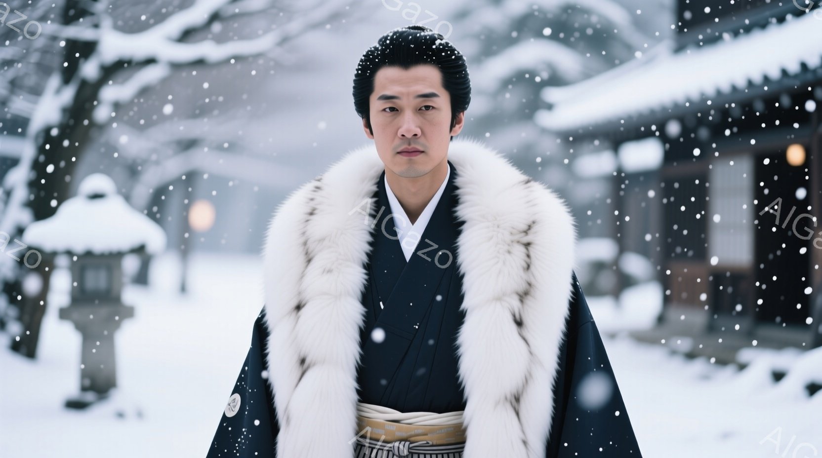 濃紺色の着物の上に、白い毛皮のショールを羽織った男性が立っている。髪はきっちりと後ろに梳き上げられ、表情は落ち着いていて、どこか憂いを帯びている。背景には雪景色が広がり、古い様式の建物と雪に覆われた木々が見え、厳しい冬の寒さと静寂を表現している。