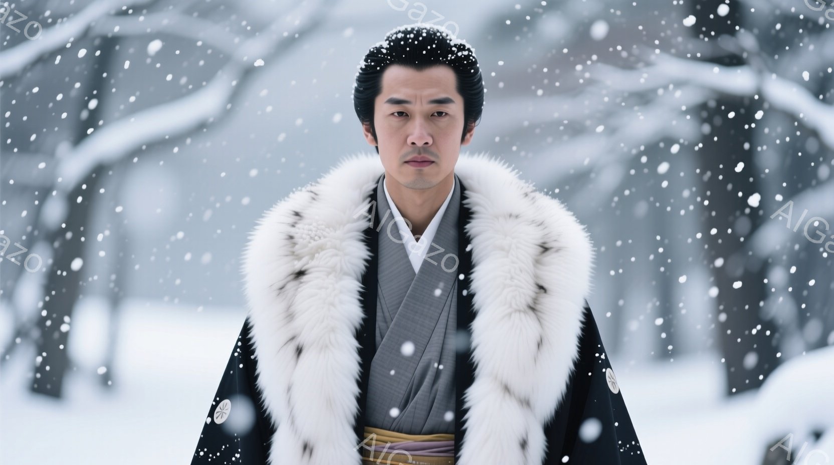 深い藍色の着物に、白く豪華な毛皮の襟を巻いた男性が写っている。彼は真剣な表情で正面を見据え、姿勢はまっすぐで堂々としている。背景は雪が降り積もる冬の森で、全体的に厳かで静謐な雰囲気を醸し出している。