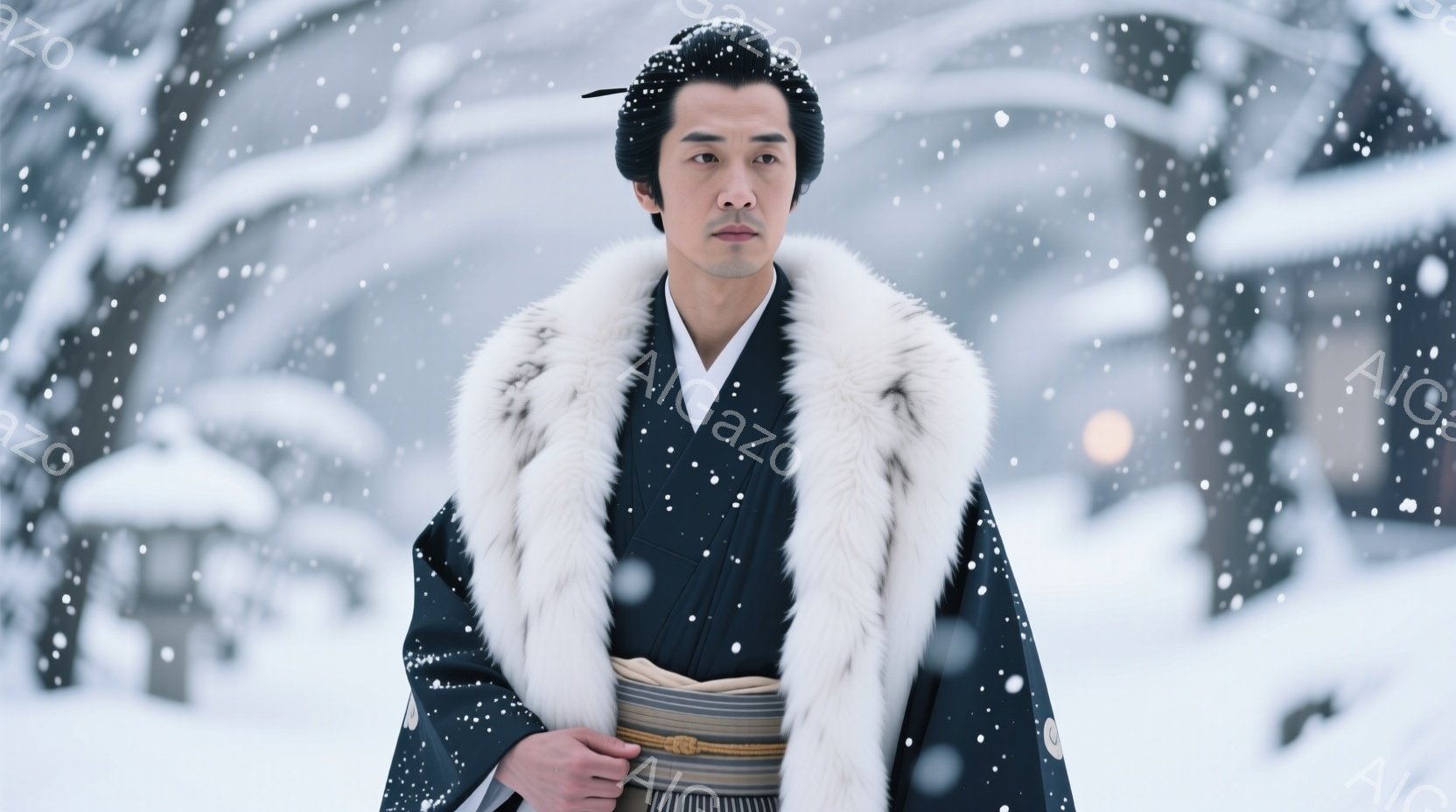 雪が降り積もる中、黒地に白の細かい模様が入った着物を着た男性が立っている。彼は白い毛皮の襟巻を巻き、髪を後ろで束ねており、表情は冷静で凛々しい。背景にはぼんやりと木々が見え、雪景色が全体的に静かで厳か - AI生成フリー素材