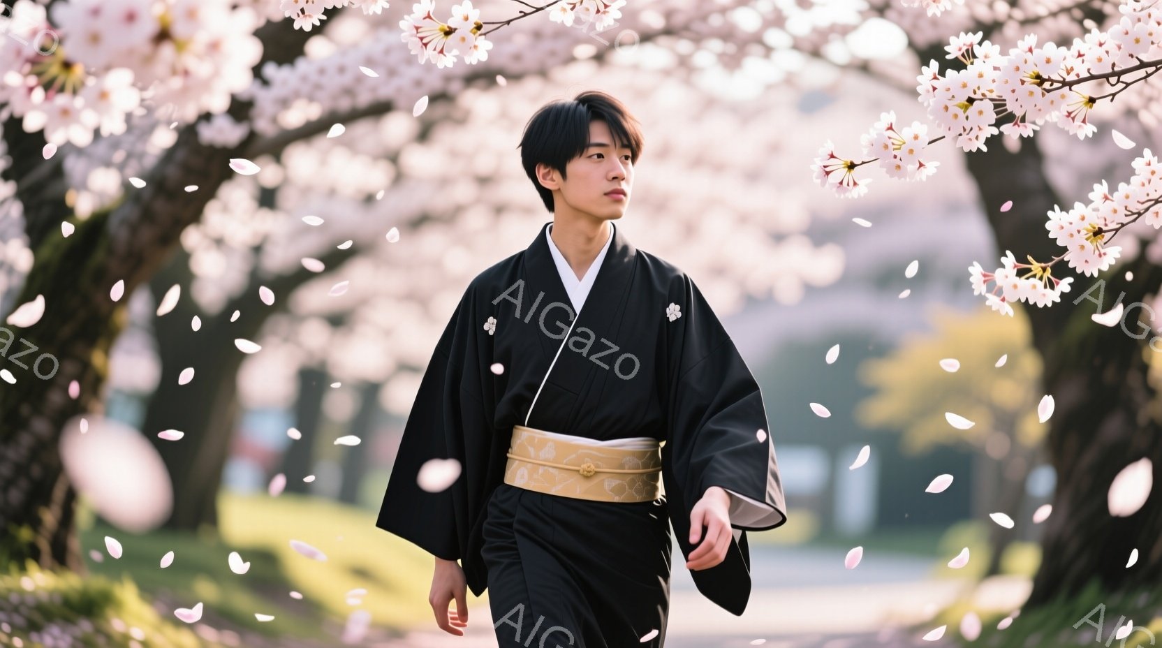 黒い着物姿の若い男性が、桜並木の中を歩いている。着物には金色の帯が巻かれており、髪型は黒髪で短く整えられている。背景には、ぼんやりと建物が見え、桜の花びらが舞い散る様子が、春の穏やかな雰囲気を醸し出し - AI生成フリー素材
