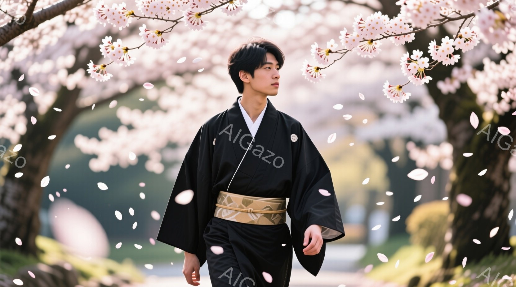黒色の着物を着た若い男性が、桜の花びらが舞う道を歩いている。彼の着物には金色の帯が巻かれ、髪は短く整えられている。背景には、ぼやけた桜の木々と、柔らかな光が差し込む穏やかな春の風景が広がっている。 - AI生成フリー素材