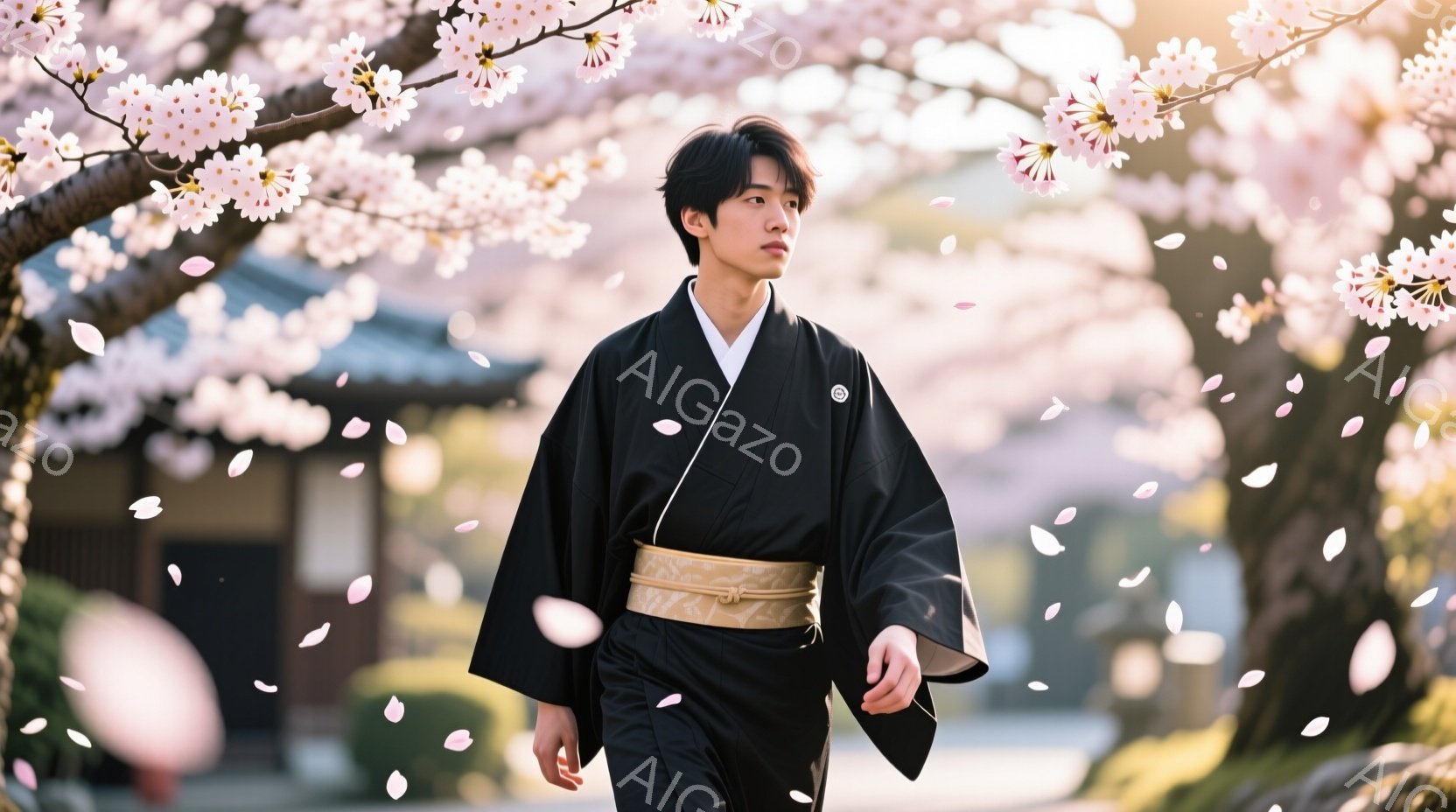 黒色の着物姿の若い男性が、桜並木を歩いている。彼は落ち着いた表情で、やや前かがみの姿勢で歩いており、金色の帯が着物によく映えている。背景には、ぼやけた日本の伝統的な建物と、舞い散る桜の花びらが広がり、 - AI生成フリー素材
