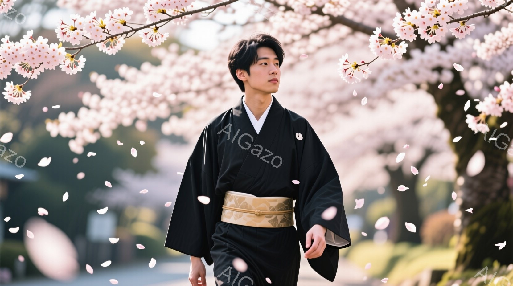 黒い着物と金色の帯を身につけた若い男性が、桜の花びらが舞う道を歩いている。彼の髪型は短髪で、表情は穏やかで少し物憂げだ。背景にはぼやけた建物と満開の桜並木があり、春の暖かく、儚い雰囲気を醸し出している。