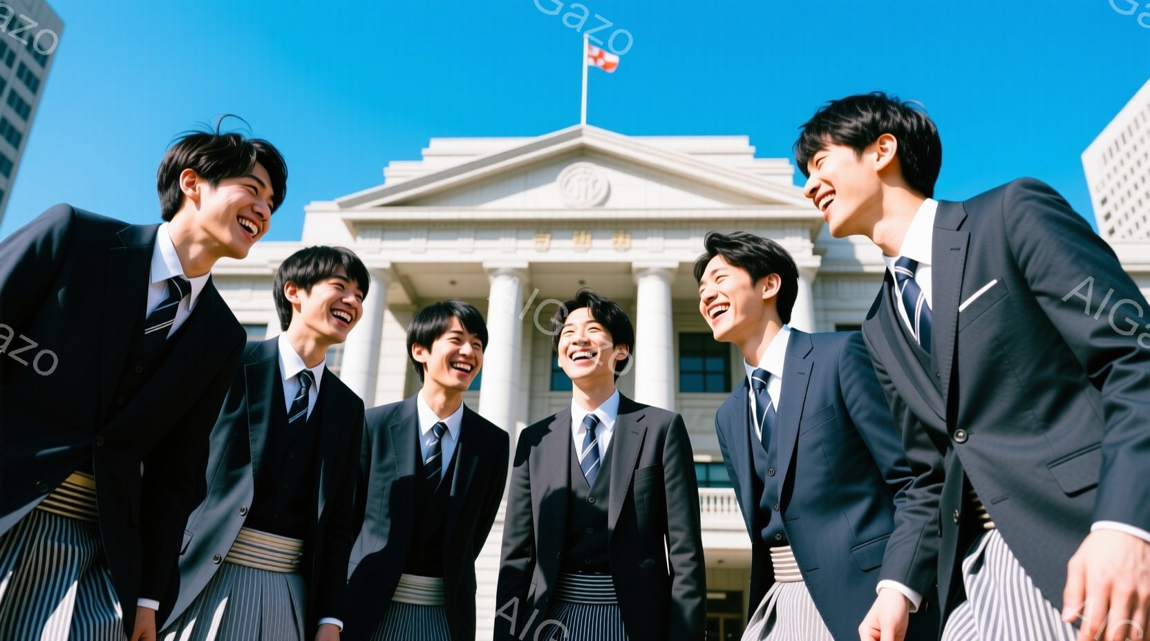 紺色のブレザーにストライプのズボンを着用した5人の若い男性が、明るい太陽の下で笑顔でポーズをとっています。彼らは皆、短い黒髪で、顔には喜びが溢れており、特に左端の男性は大きく笑っています。背景には、白く荘厳な建物と青空が広がり、全体的に若々しく、活気に満ちた雰囲気です。