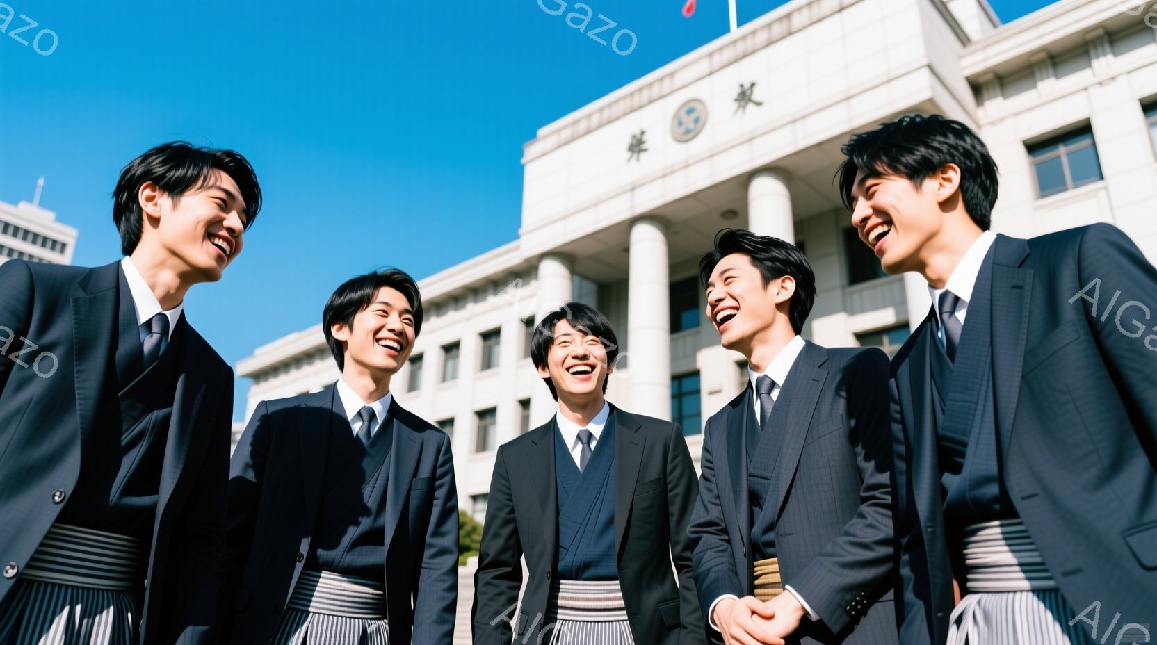 五人の若い男性が、紺色のブレザー、白いシャツ、ネクタイ、チェック柄のズボンを着用し、階段の上で笑顔で並んでいます。彼らは皆、黒髪で、少し上向きに顔を傾け、楽しそうな表情をしています。背景には、白い石造 - AI生成フリー素材