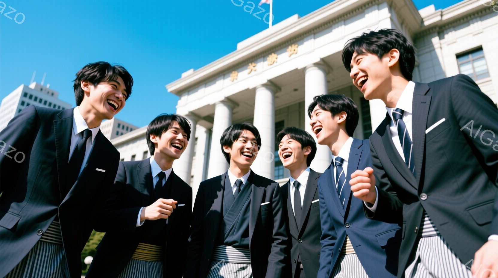 紺色のブレザーに縞模様のズボンを着用した若い男性5人が、笑顔でカメラに向かってポーズをとっています。彼らは皆、ネクタイを締め、髪は短く整えられており、顔には喜びと興奮が表れています。背景には、柱が並ぶ - AI生成フリー素材