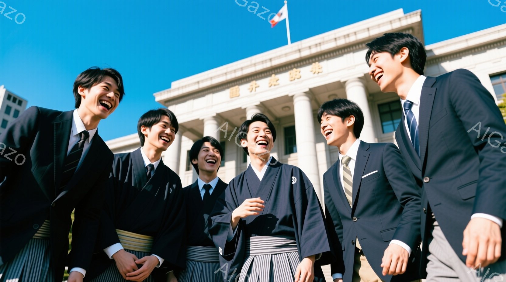 5人の若い男性が、明るい表情でカメラに向かって笑っています。彼らはそれぞれ、紺色のスーツ、白シャツ、ネクタイ、袴という服装で、伝統的なスタイルと現代的なスタイルが混ざり合っています。背景には、白い石造 - AI生成フリー素材