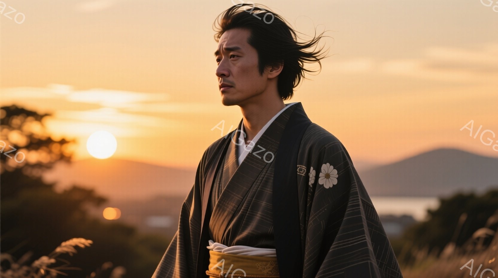 濃い緑色の着物に、黄色の帯を締めた男性が描かれています。彼は少し横を向き、表情はどこか憂いを帯びています。背景には夕焼けの空と、緑豊かな山々が広がり、秋草が風に揺れる様子が描かれ、物静かでノスタルジックな雰囲気を醸し出しています。