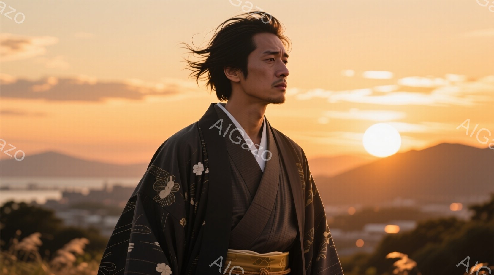 黒色の着物に金色の帯を締めた男性が、夕焼けを背景に横顔を見せています。彼の髪は無造作に後ろに撫でられ、どこか憂いを帯びた表情をしています。背景には、山々と街並みが広がり、空は夕焼けのオレンジ色と金色で - AI生成フリー素材