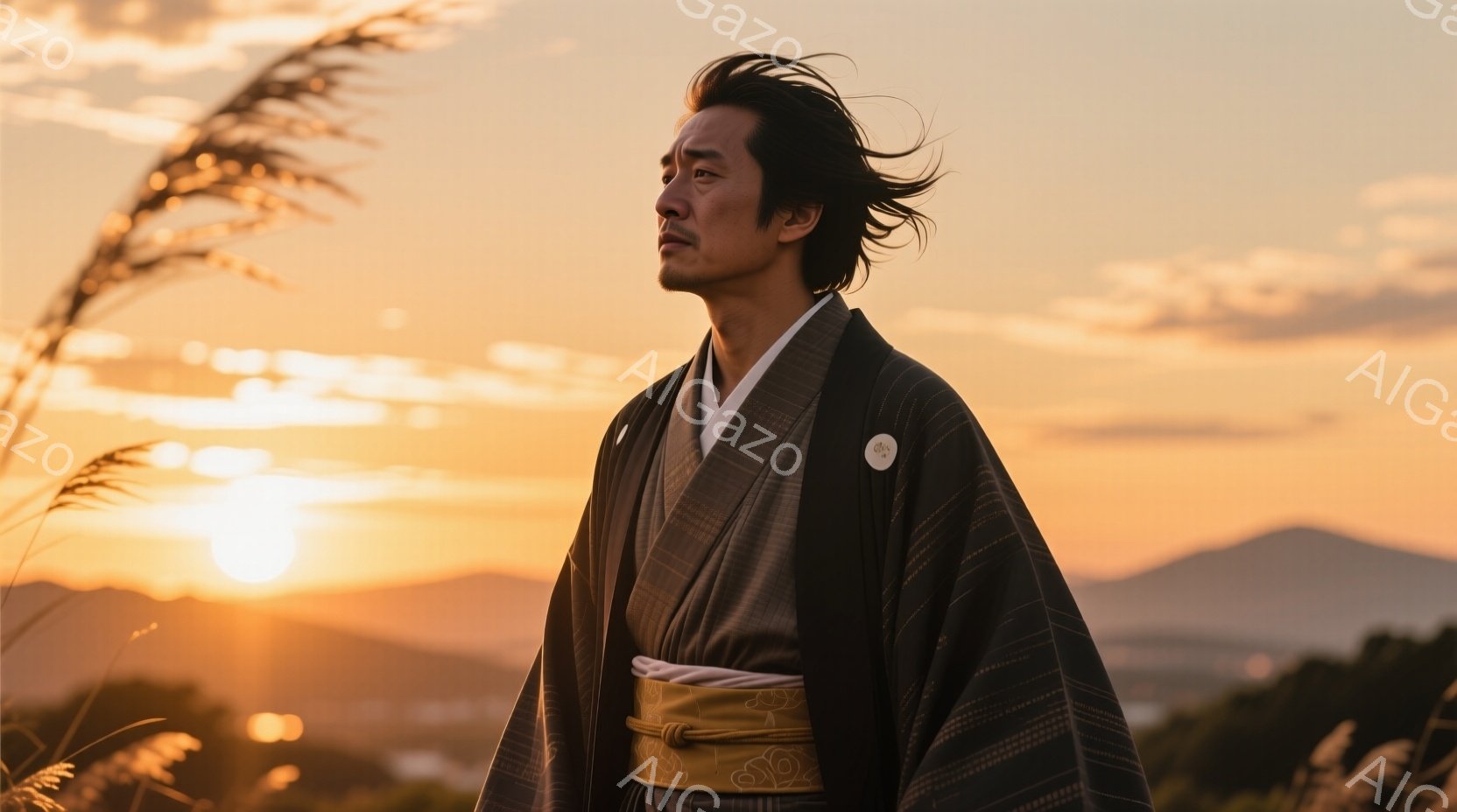 長い髪を無造作に垂らし、黒地に細かい模様が入った着物と黄色の帯を締めた男性が描かれている。彼は少し上を見上げ、遠くを見つめるように姿勢を正し、決然とした表情を浮かべている。背景には夕焼けに染まる山々が広がり、ススキの穂が風に揺れる様子が、古風で静謐な雰囲気を醸し出している。