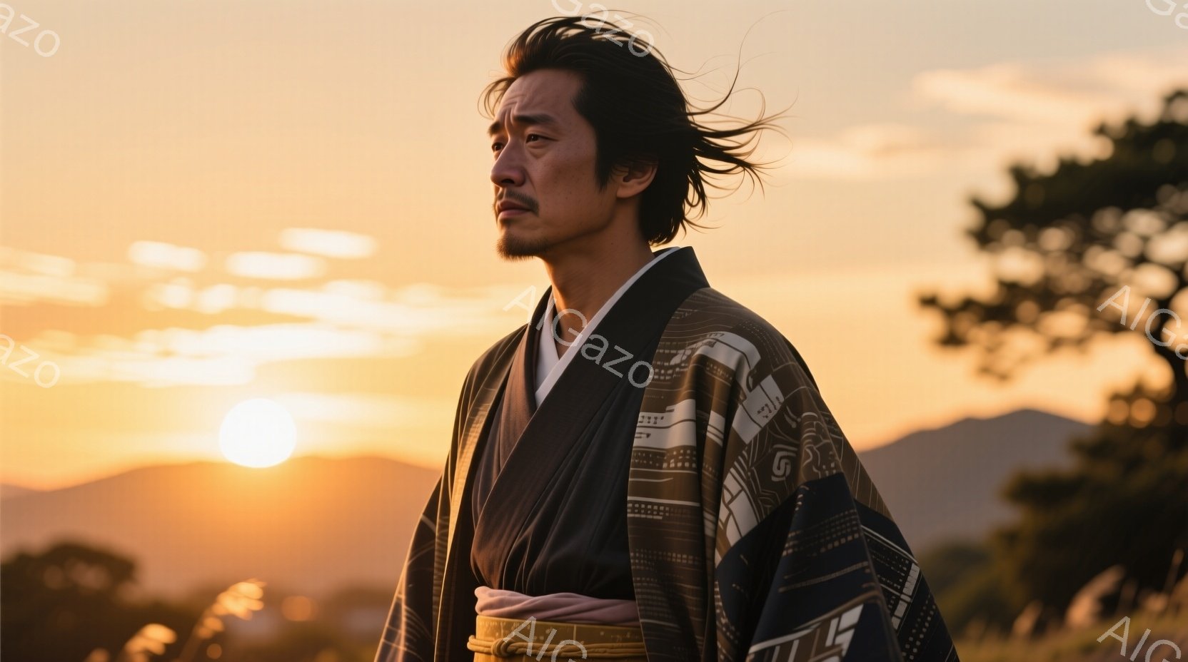 長い髪を後ろで束ねた男性が、黒色の着物と薄紫色の帯を身に着けて立っている。背景には夕焼けの空と、ぼんやりと見える山並みが広がり、全体的に厳かで静謐な雰囲気を醸し出している。彼の視線は遠くを見据え、凛と - AI生成フリー素材