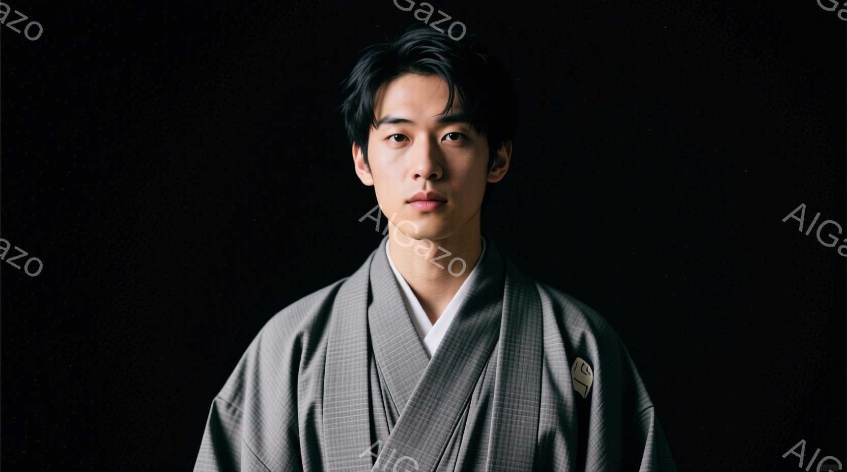 若い男性が、灰色の和風の羽織を着用し、白い襟付きのシャツを着ています。髪型は黒髪で、少し無造作にセットされています。表情は穏やかで、正面を見据えた真剣な眼差しが印象的です。