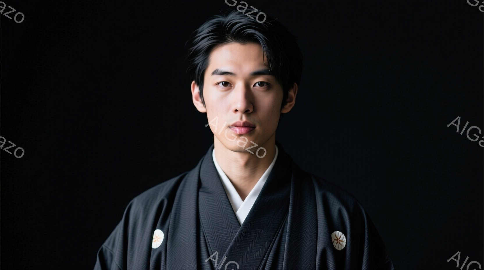 黒い着物を着た若い男性が正面を向いて立っている。彼の髪は短く整えられ、表情は穏やかで少し真剣だ。背景は完全に黒く、男性が際立っている。