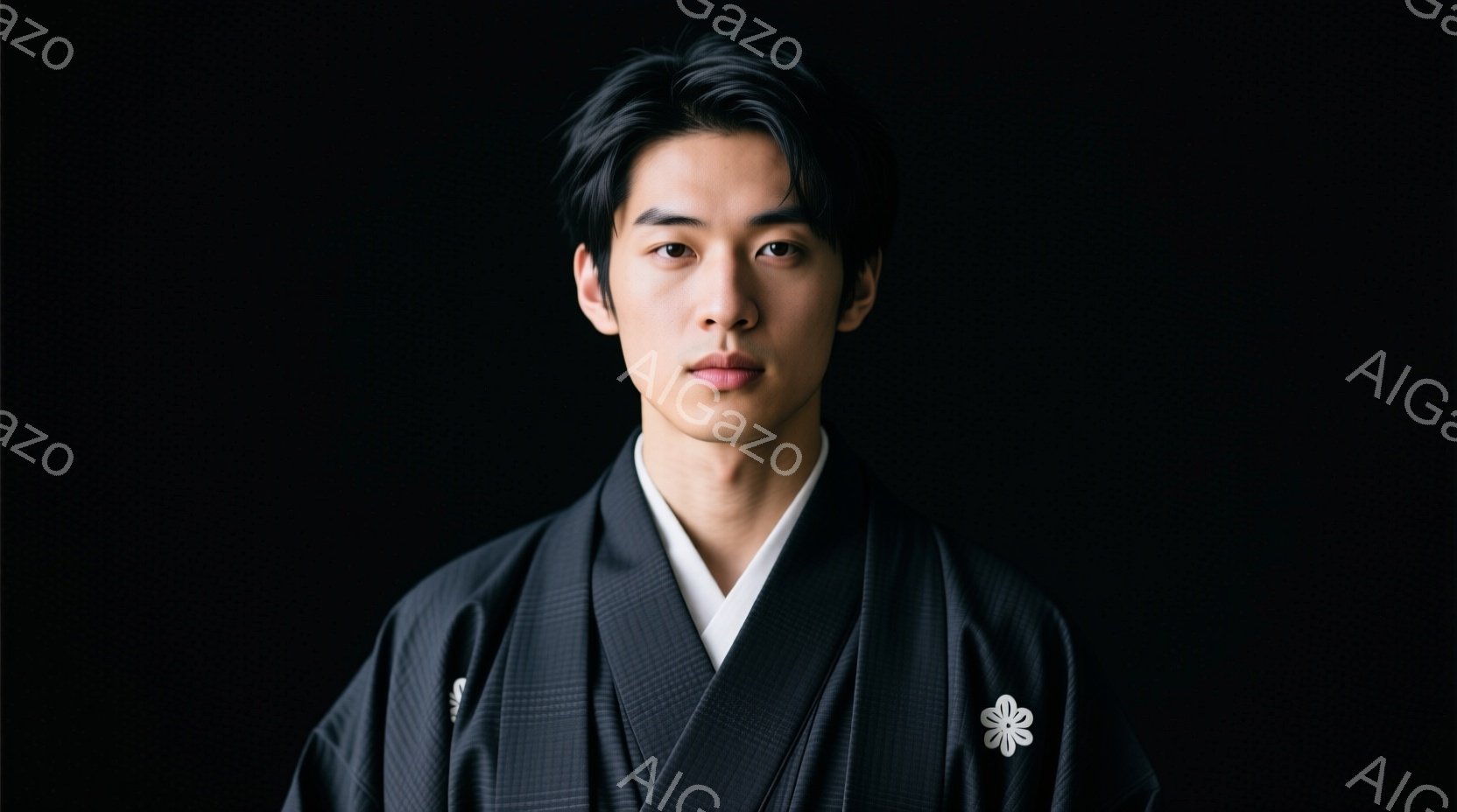黒色の着物を着た若い男性が正面を向いて立っています。髪型は黒髪の短髪で、表情は穏やかで落ち着いています。背景は完全に黒で、人物に焦点が当てられています。